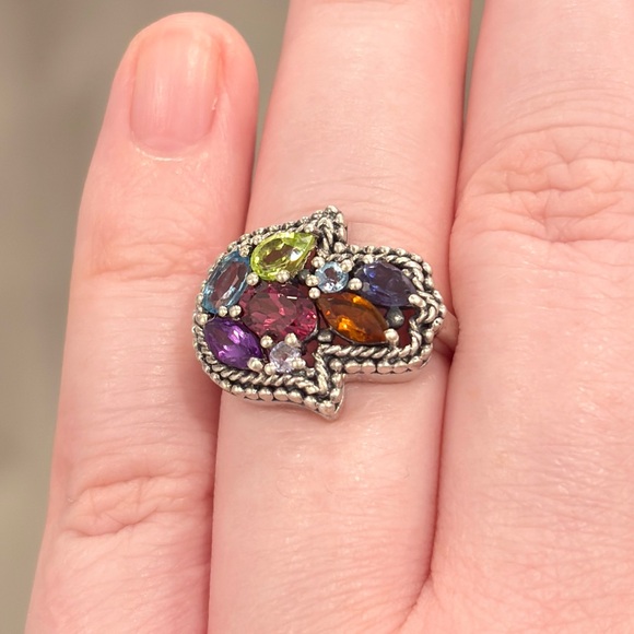 Vintage Silver Hamsa Gemstone Ring, Milgrain Sterling, Rainbow Gem, Size 6.25 - Picture 11 of 17